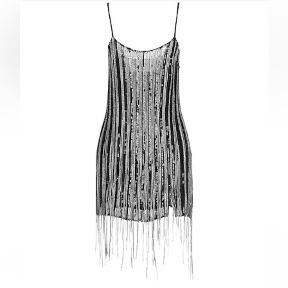 AMEN silver fringe dress black silver mini beaded cocktail party S New $1755 - Picture 2 of 14
